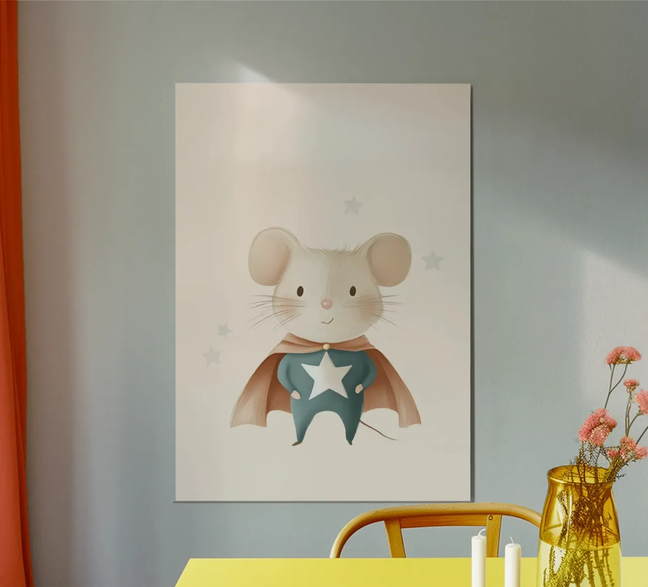 Stampa d'arte di un simpatico topo supereroe - Vivaio di stelle poster con telaio in legno da vintagepod