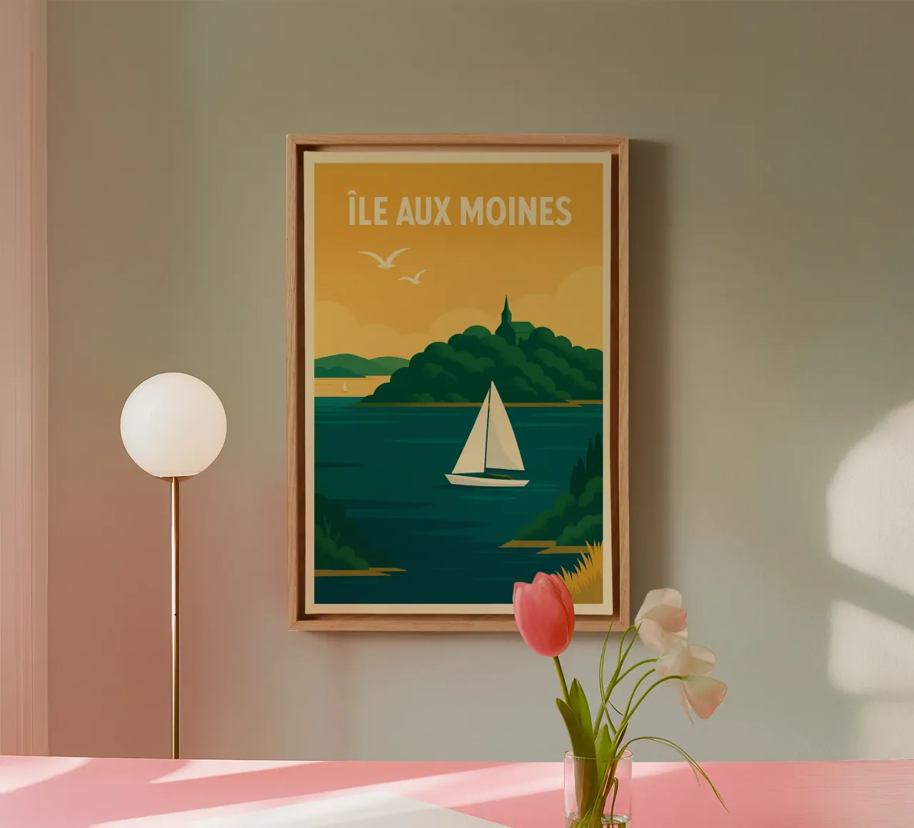 Île aux Moines - Poster retrò di una barca a vela e della natura bretone tela con Cornice a cassetta da JETLAG | affiches voyage