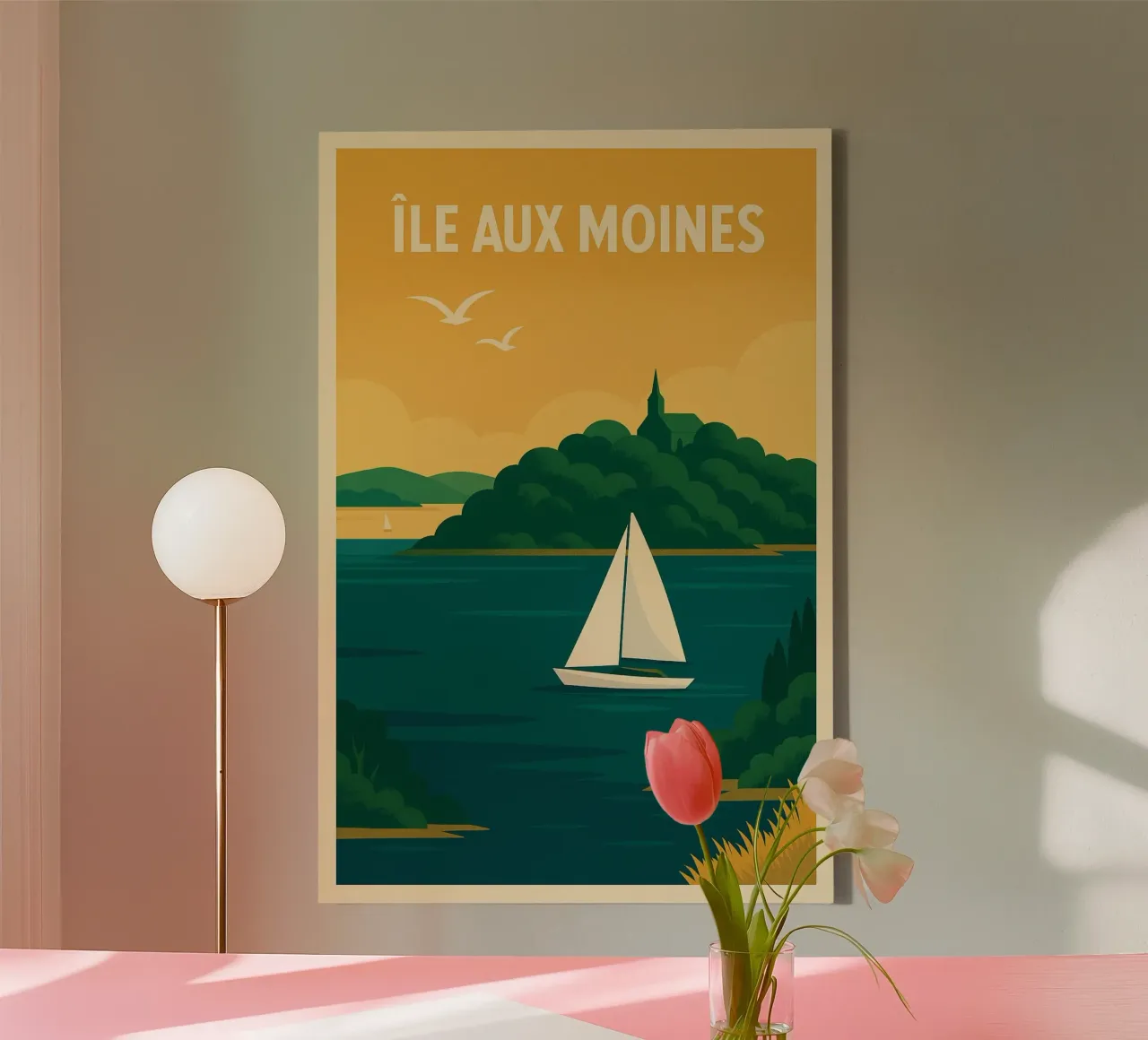 Île aux Moines - Poster retrò di una barca a vela e della natura bretone tela con Cornice a cassetta da JETLAG | affiches voyage