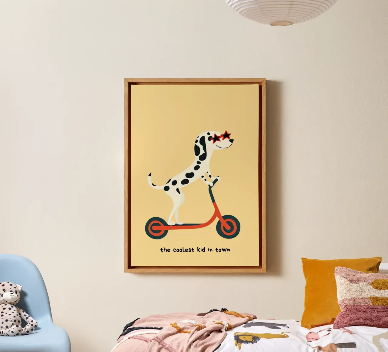 Stampa "Coolest Kid" Scooter Dalmata - Camera dei bambini tela con Cornice a cassetta da vintagepod