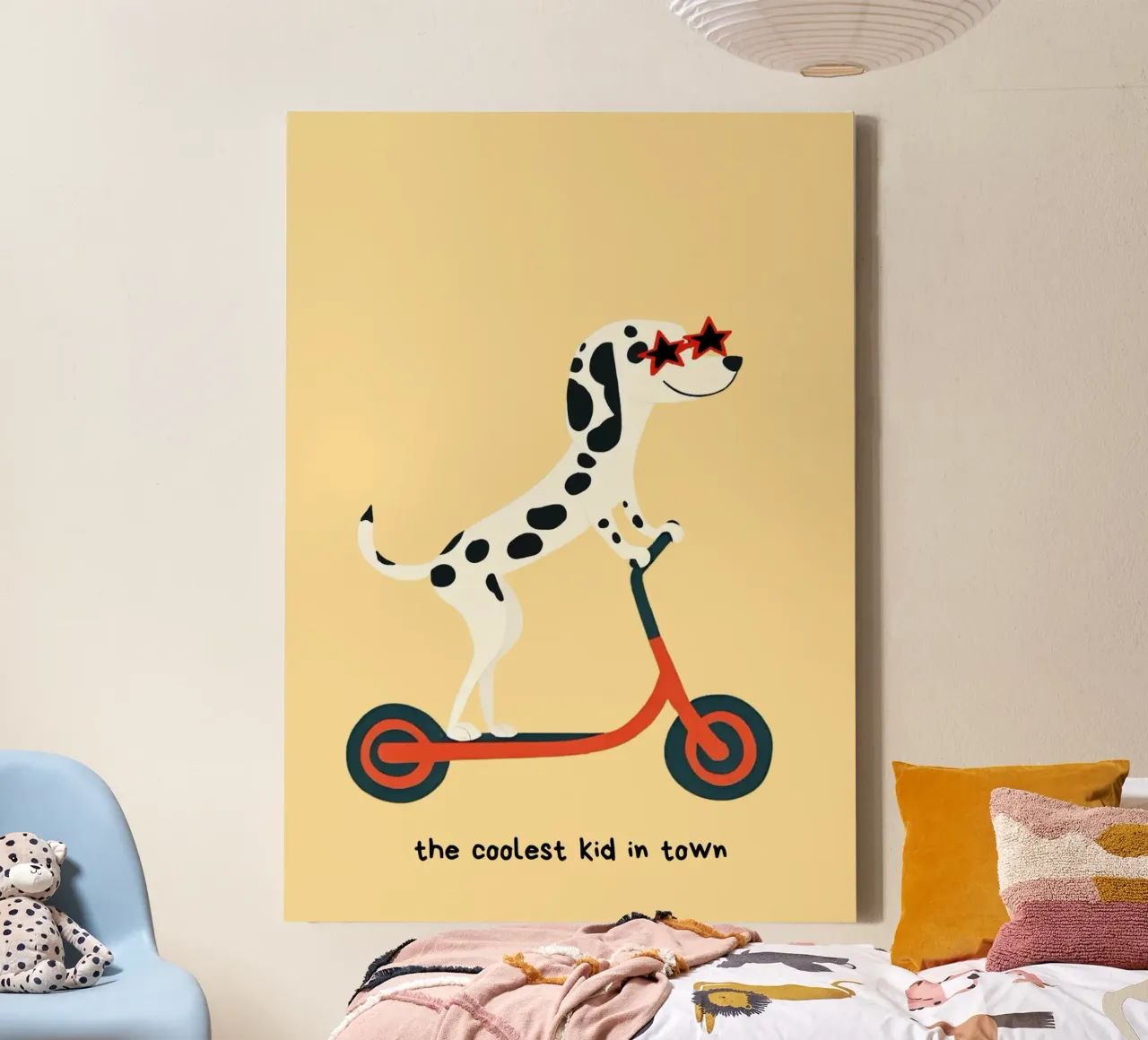 Stampa "Coolest Kid" Scooter Dalmata - Camera dei bambini tela con Cornice a cassetta da vintagepod