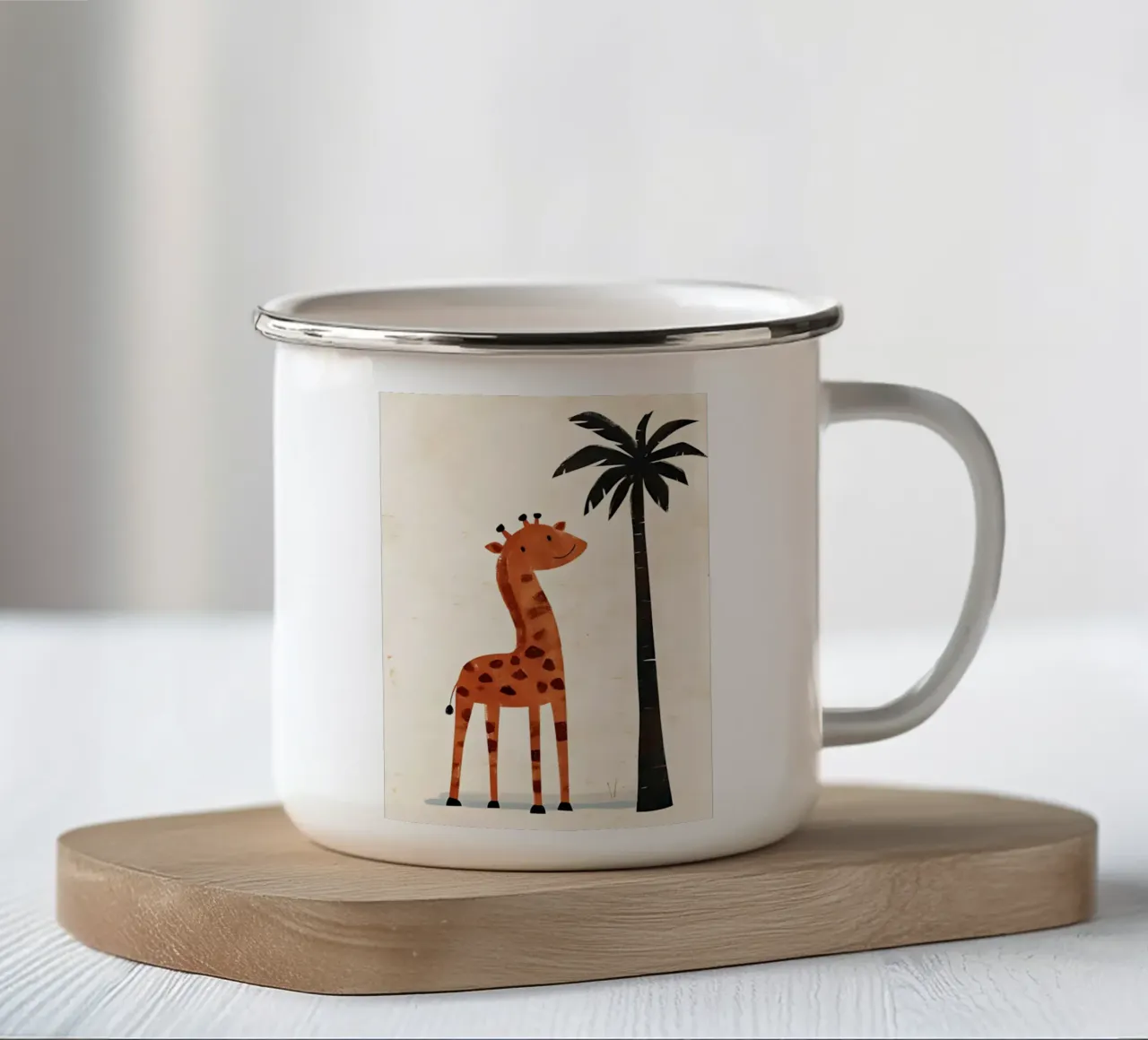 Giraffa sorridente e albero di palma - Arte vivaistica Safari tazza in smalto da vintagepod