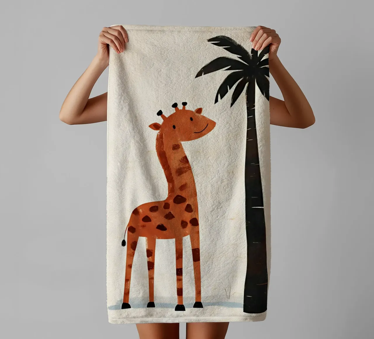 Smiling Giraffe & Palm Tree - Safari Nursery Art towel by vintagepod