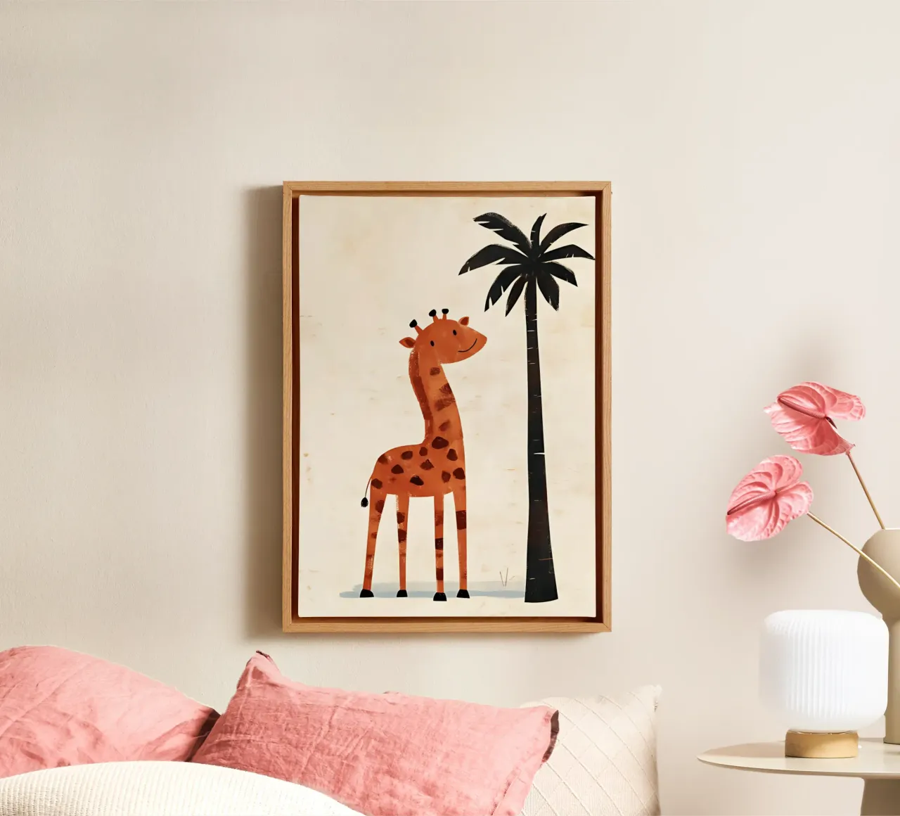 Smiling Giraffe & Palm Tree - Safari Nursery Art canvas with Floater frame by vintagepod