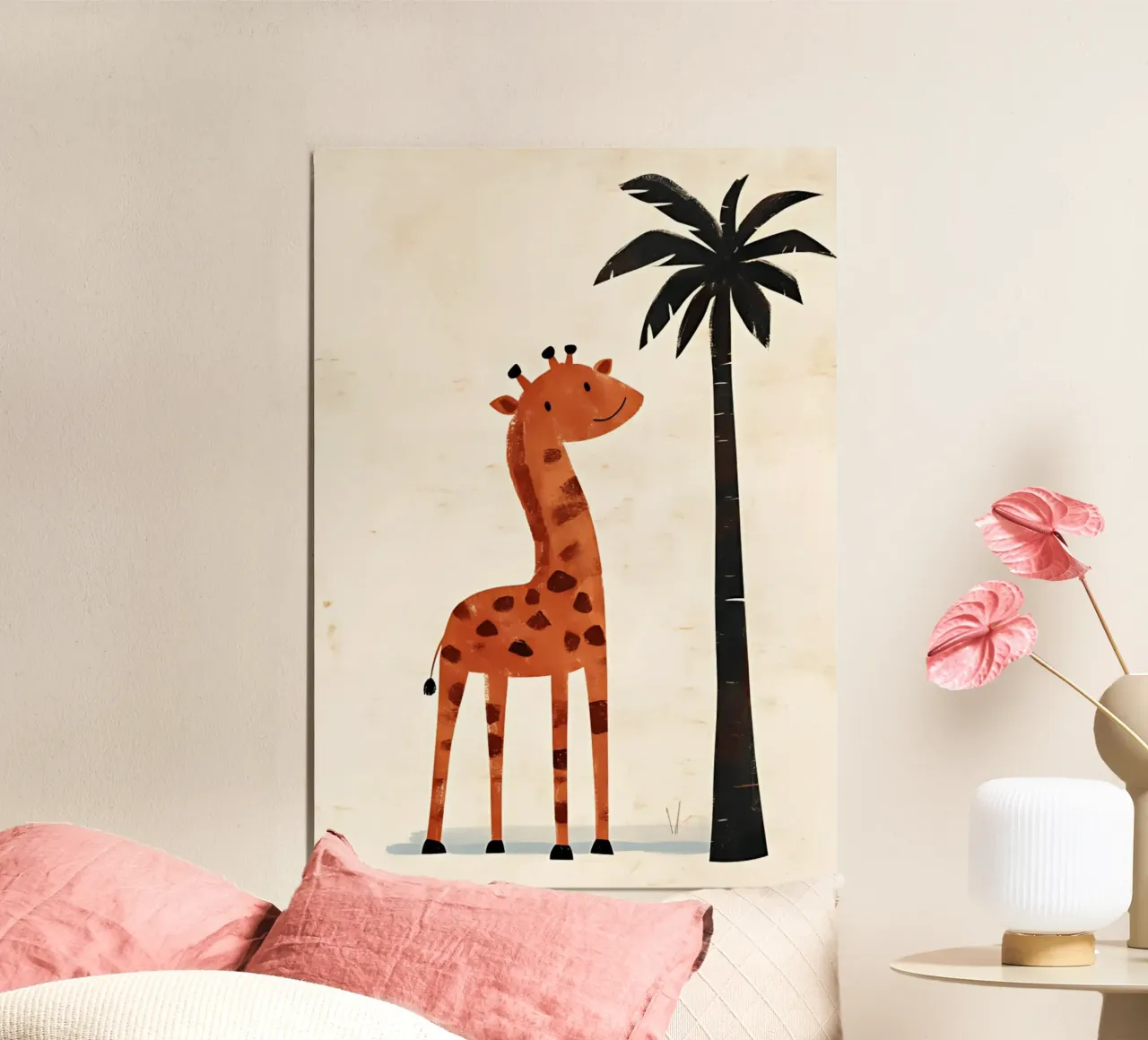 Giraffa sorridente e albero di palma - Arte vivaistica Safari poster con telaio in legno da vintagepod