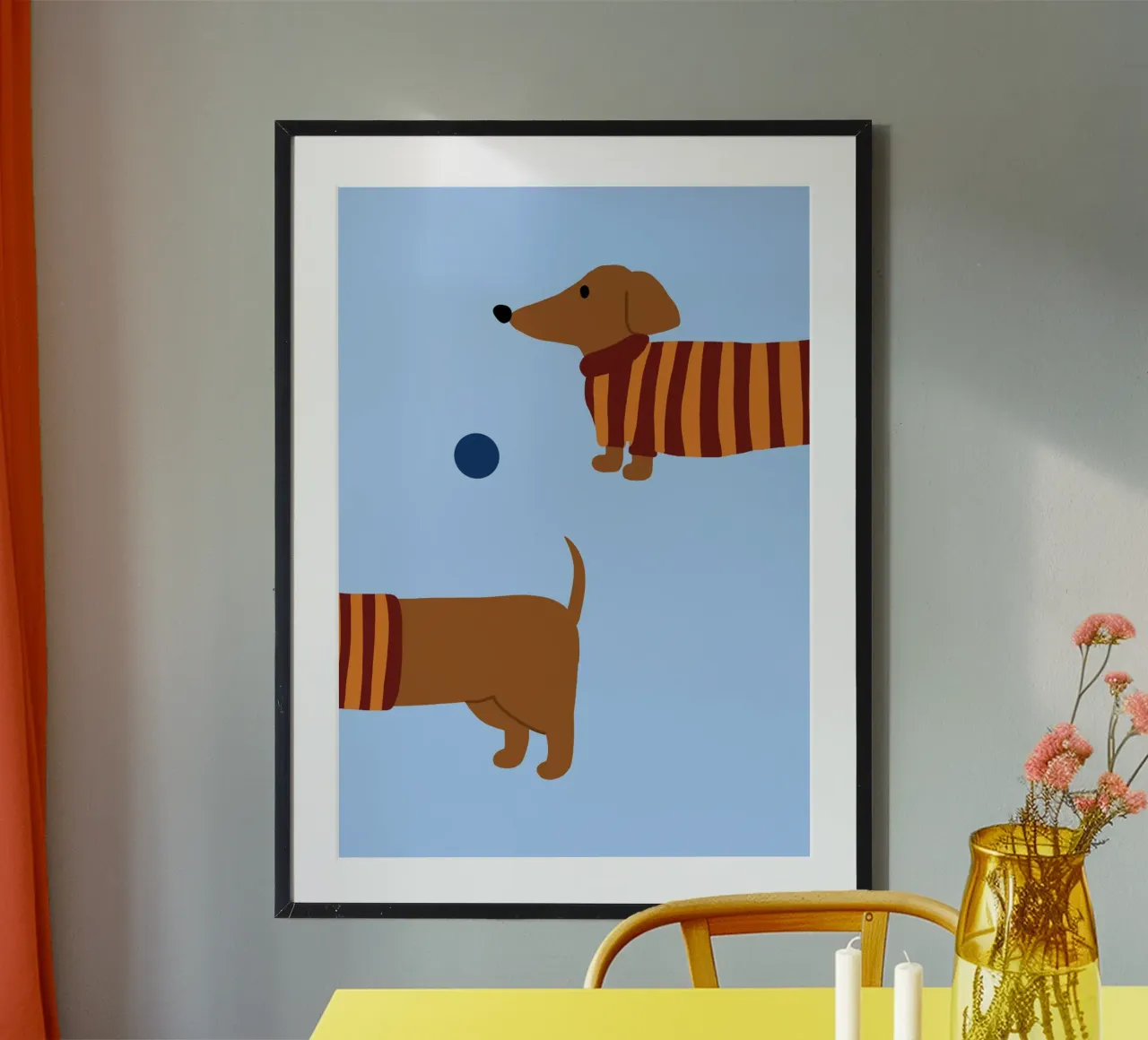 Stampa del bassotto carino che gioca - Decorazione per la stanza dei bambini poster con telaio in alluminio da vintagepod