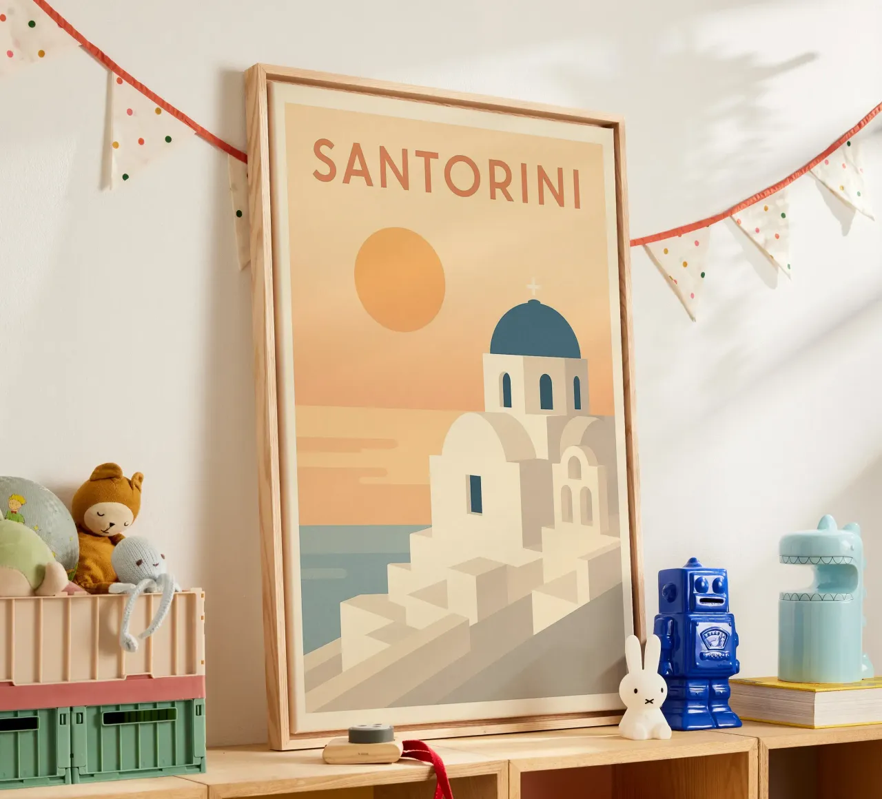 Santorini - Poster retrò del tramonto e dell'architettura tela con Cornice a cassetta da JETLAG | affiches voyage