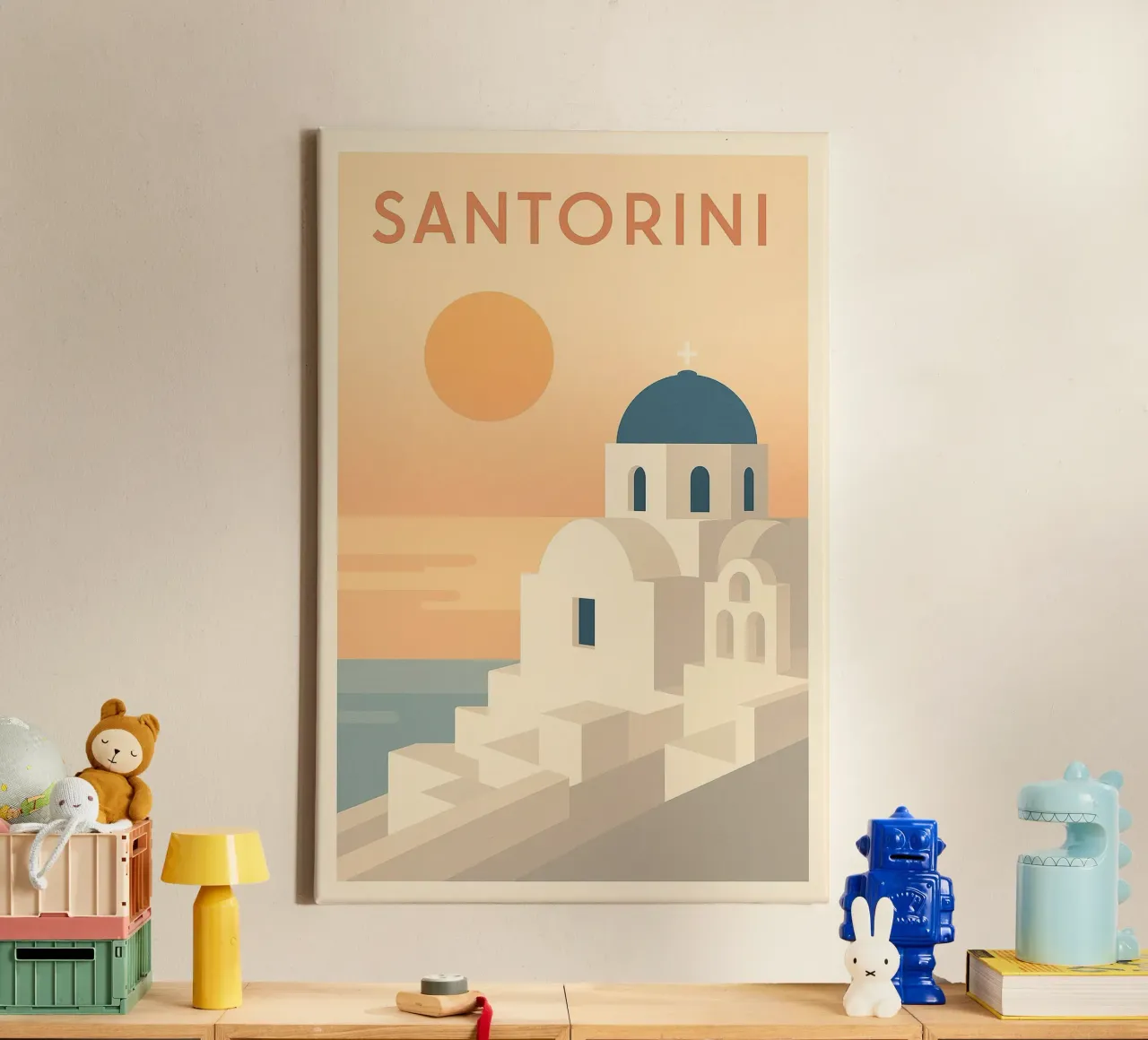 Santorini - Poster retrò del tramonto e dell'architettura tela con Cornice a cassetta da JETLAG | affiches voyage