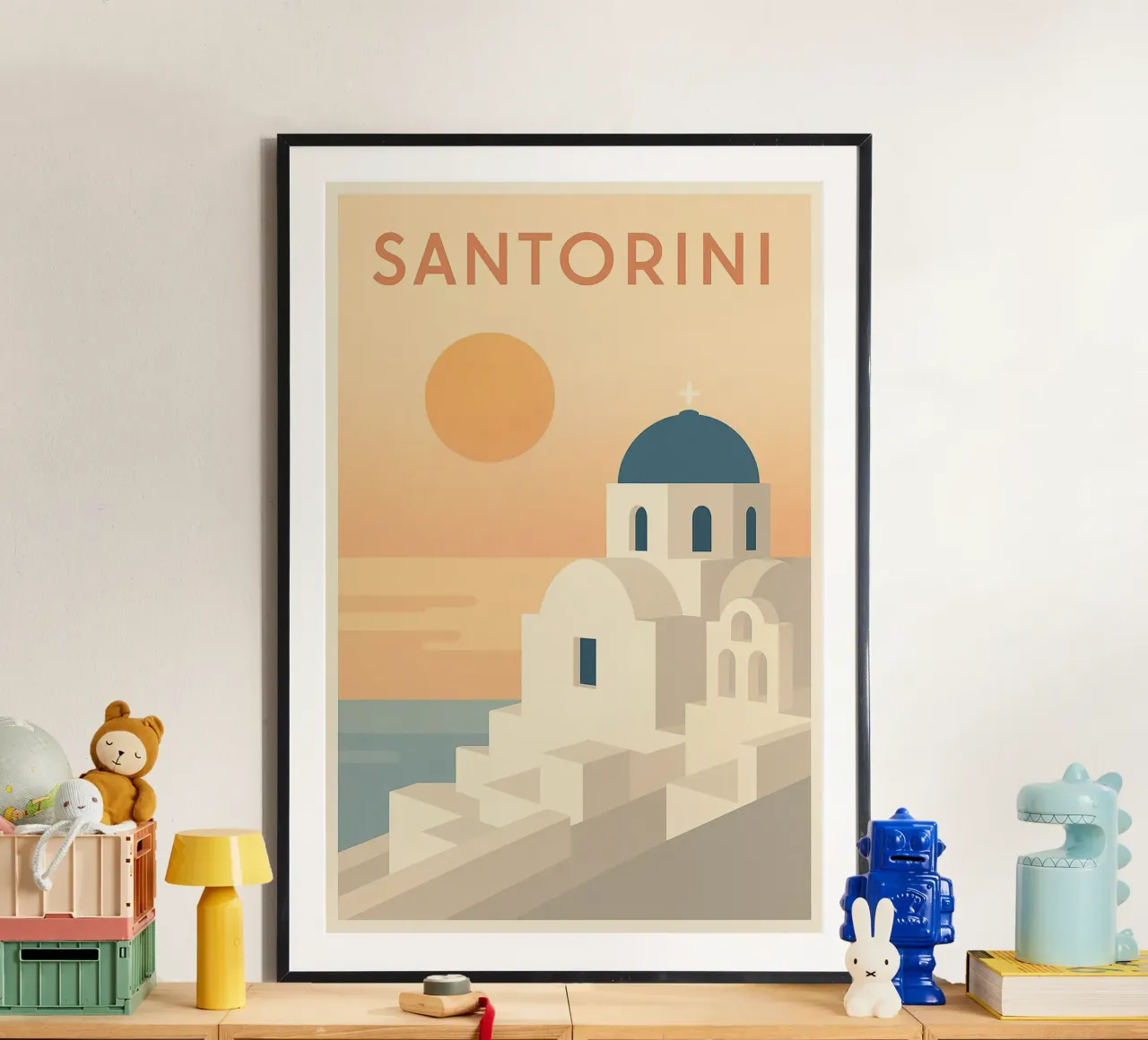 Santorini - Poster retrò del tramonto e dell'architettura poster con telaio in plastica da JETLAG | affiches voyage