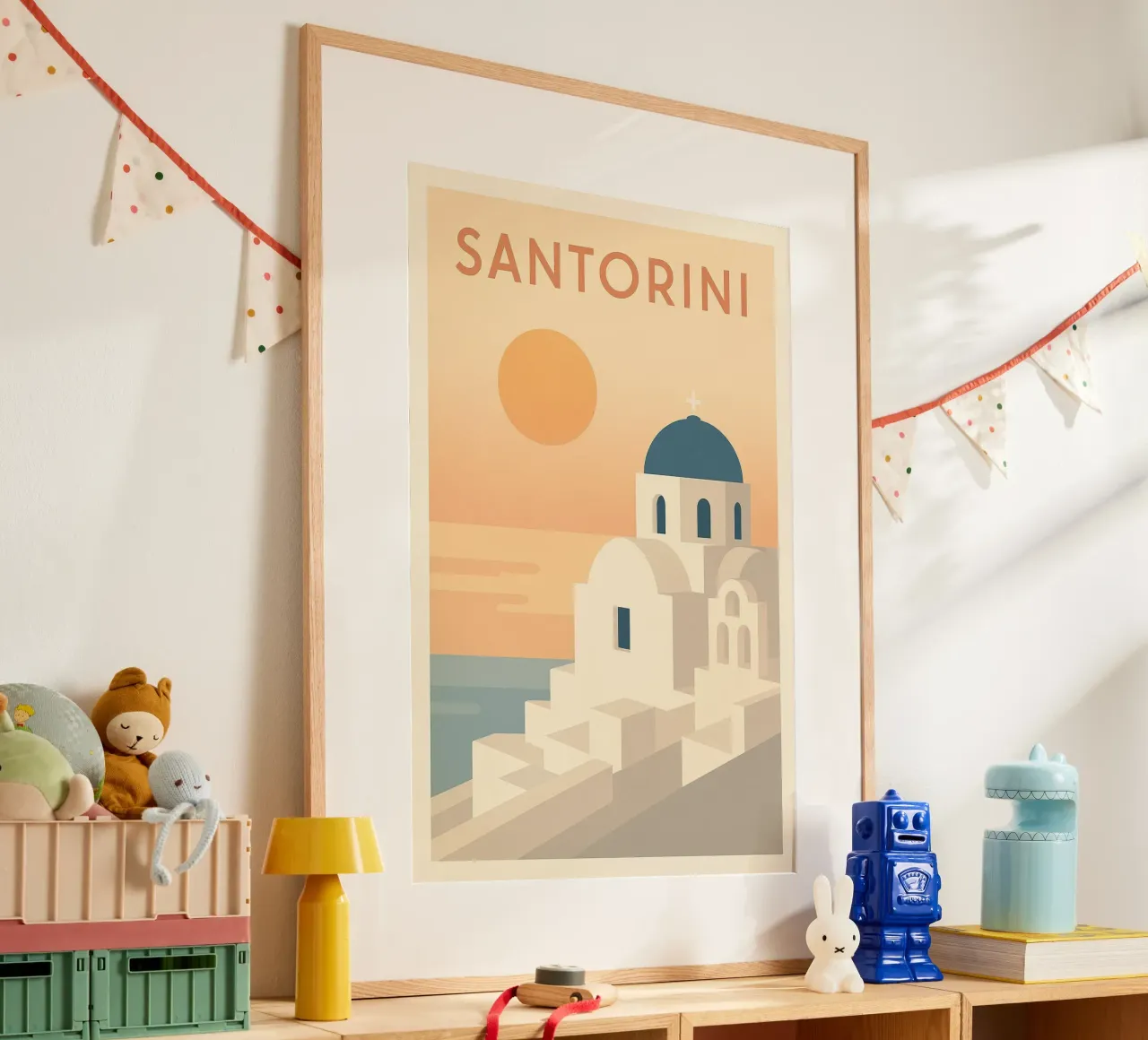 Santorini - Poster retrò del tramonto e dell'architettura poster con telaio in plastica da JETLAG | affiches voyage
