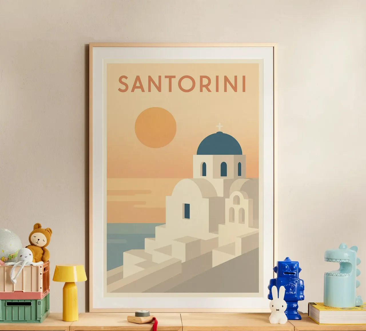 Santorini - Poster retrò del tramonto e dell'architettura poster con telaio in plastica da JETLAG | affiches voyage