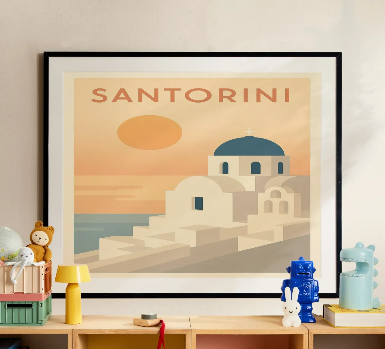 Santorini - Poster retrò del tramonto e dell'architettura poster con telaio in plastica da JETLAG | affiches voyage