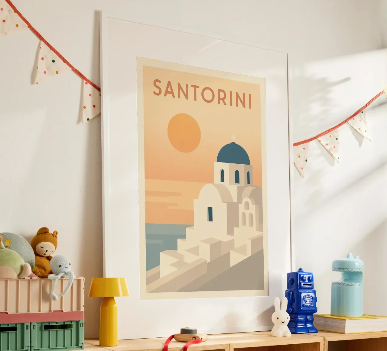 Santorini - Poster retrò del tramonto e dell'architettura poster con telaio in plastica da JETLAG | affiches voyage