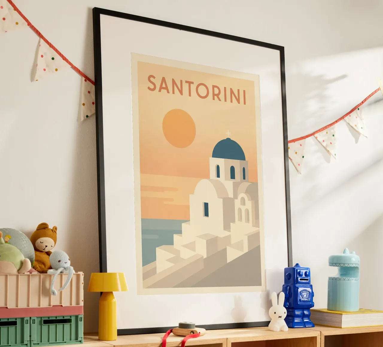 Santorini - Poster retrò del tramonto e dell'architettura poster con telaio in plastica da JETLAG | affiches voyage