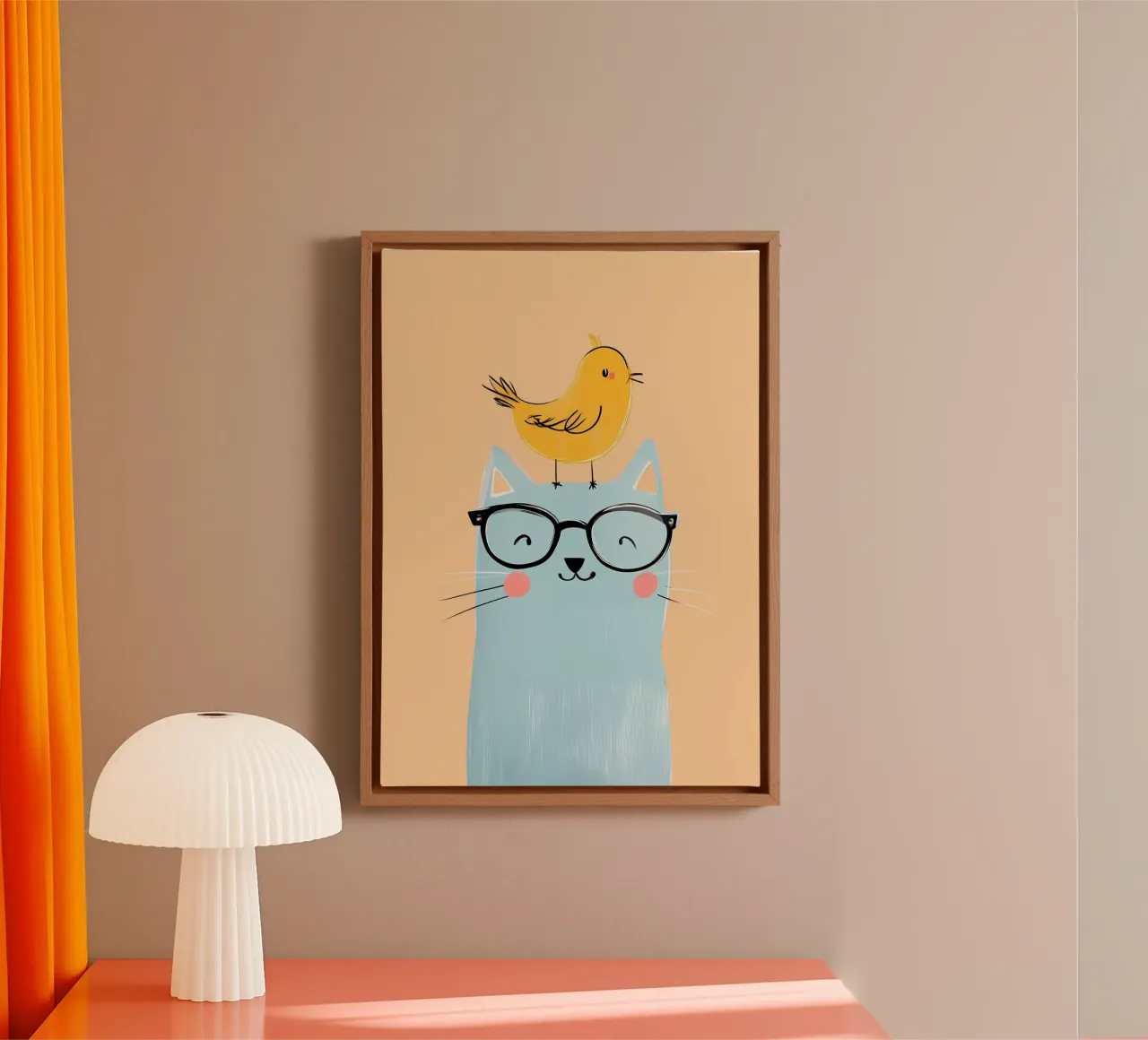Cute Cat with Glasses & Bird - Modern Nursery Art canvas with Floater frame by vintagepod