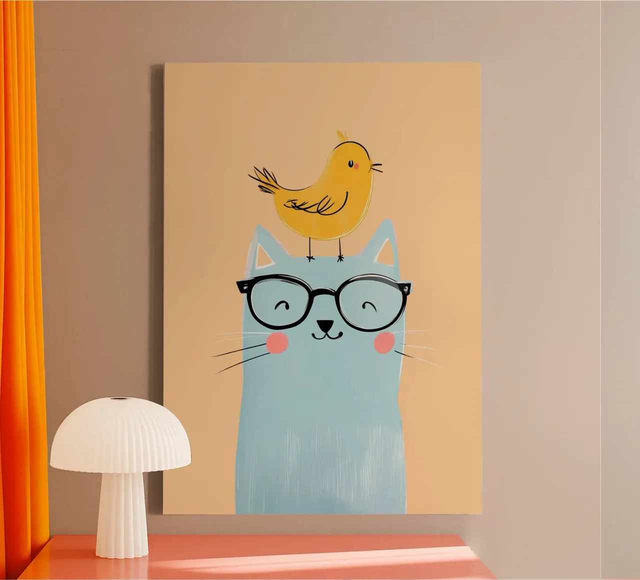 Cute Cat with Glasses & Bird - Modern Nursery Art canvas with Floater frame by vintagepod