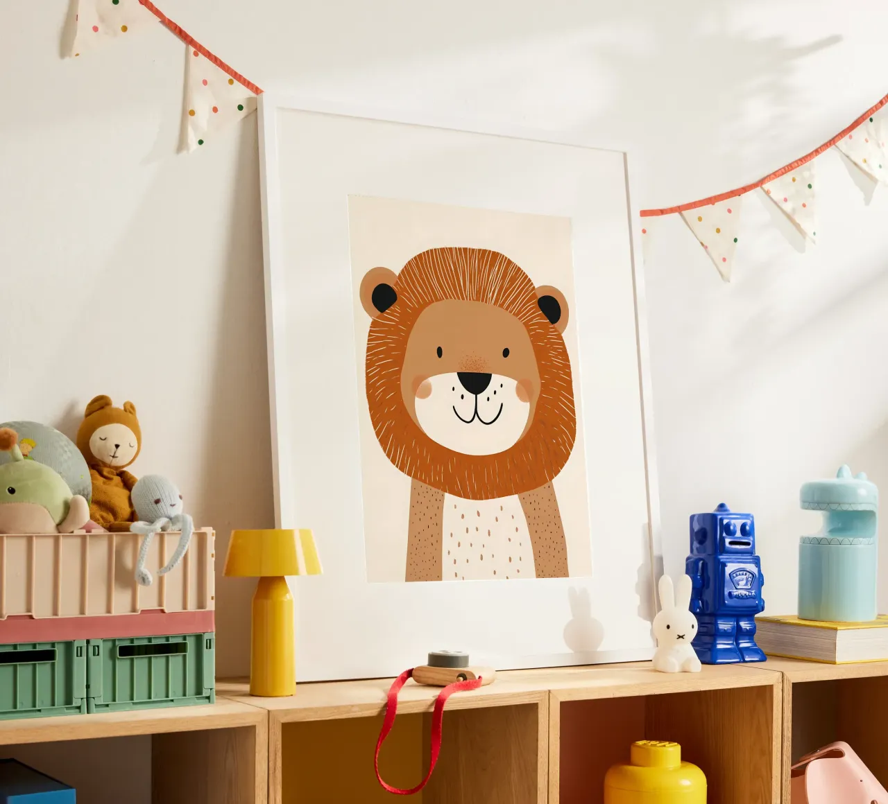 Impression d'art sur la face d'un lion - Nursery Safari Moderne poster avec cadre en bois de vintagepod