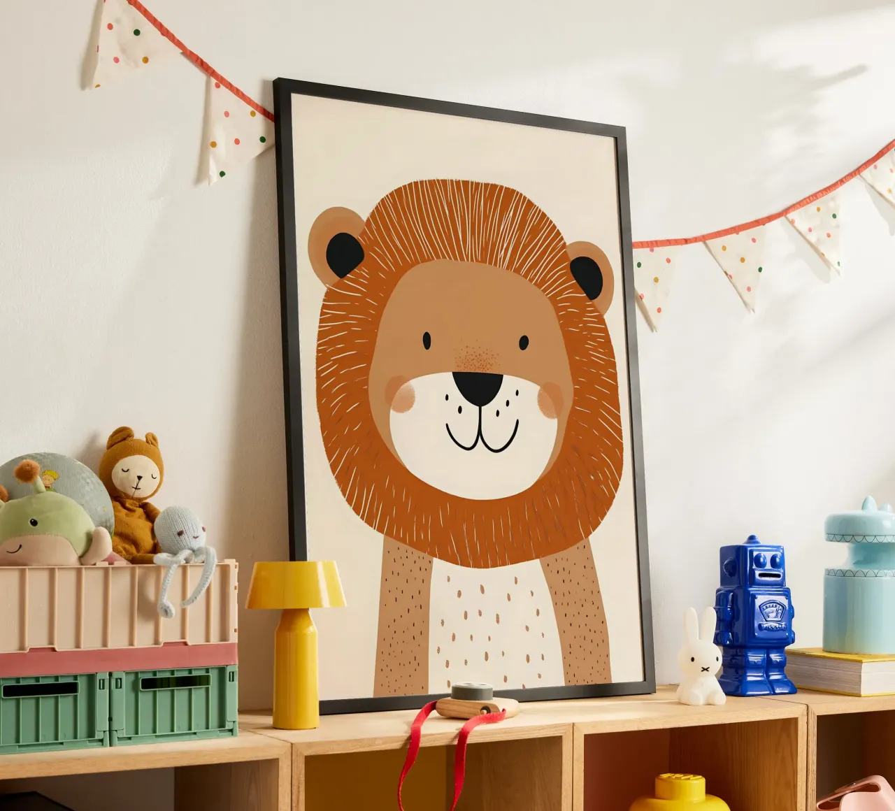 Impression d'art sur la face d'un lion - Nursery Safari Moderne poster avec cadre en bois de vintagepod