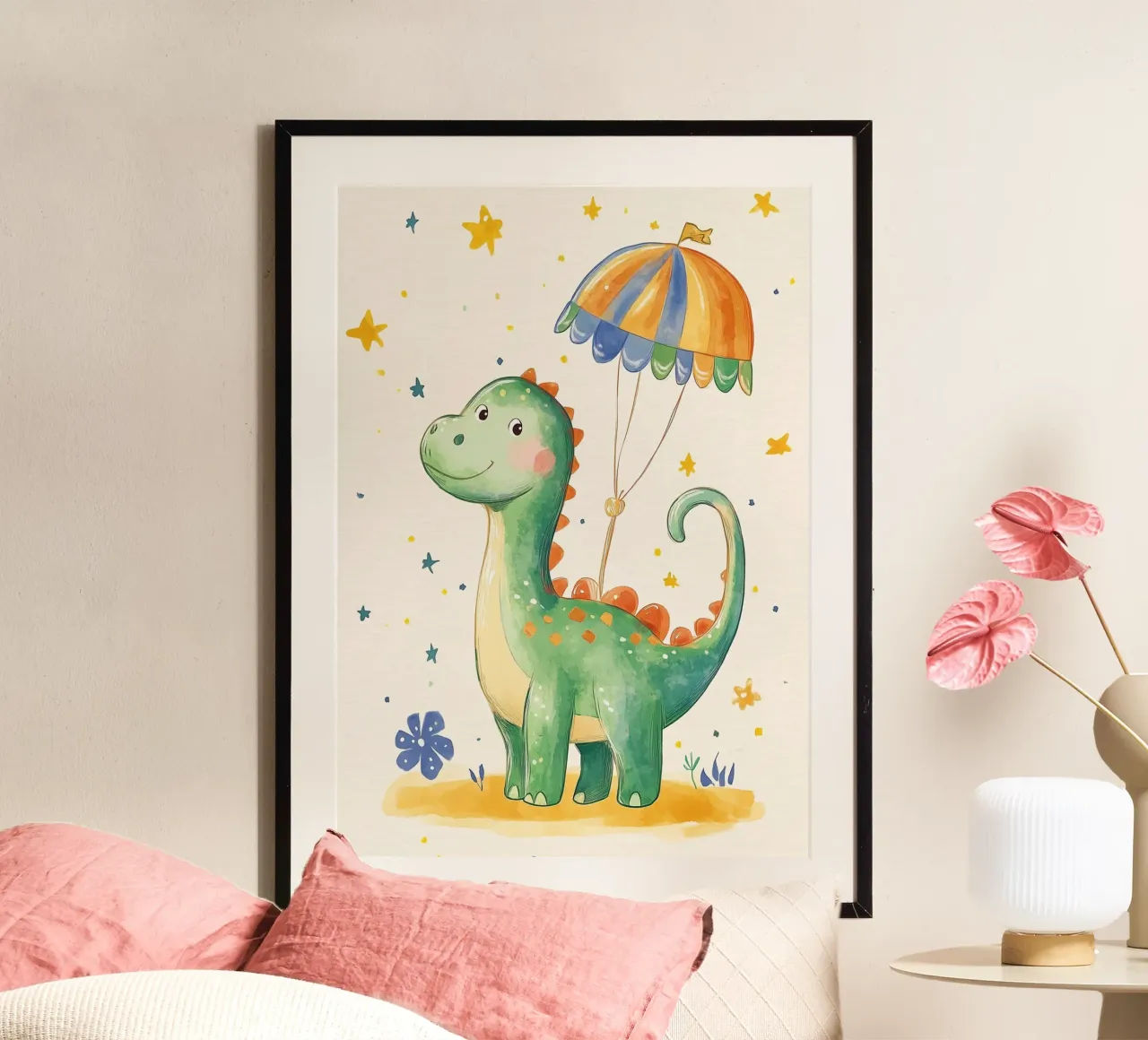 Dinosauro carino con paracadute - Decorazione per la cameretta dei bambini poster con telaio in plastica da vintagepod