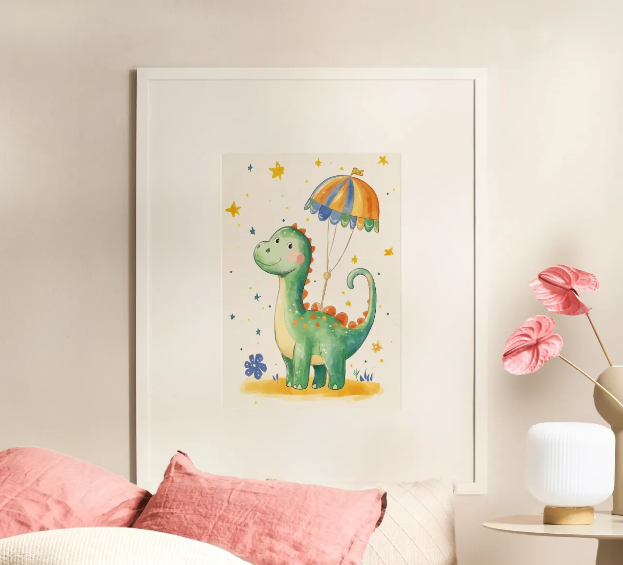 Dinosauro carino con paracadute - Decorazione per la cameretta dei bambini poster con telaio in plastica da vintagepod