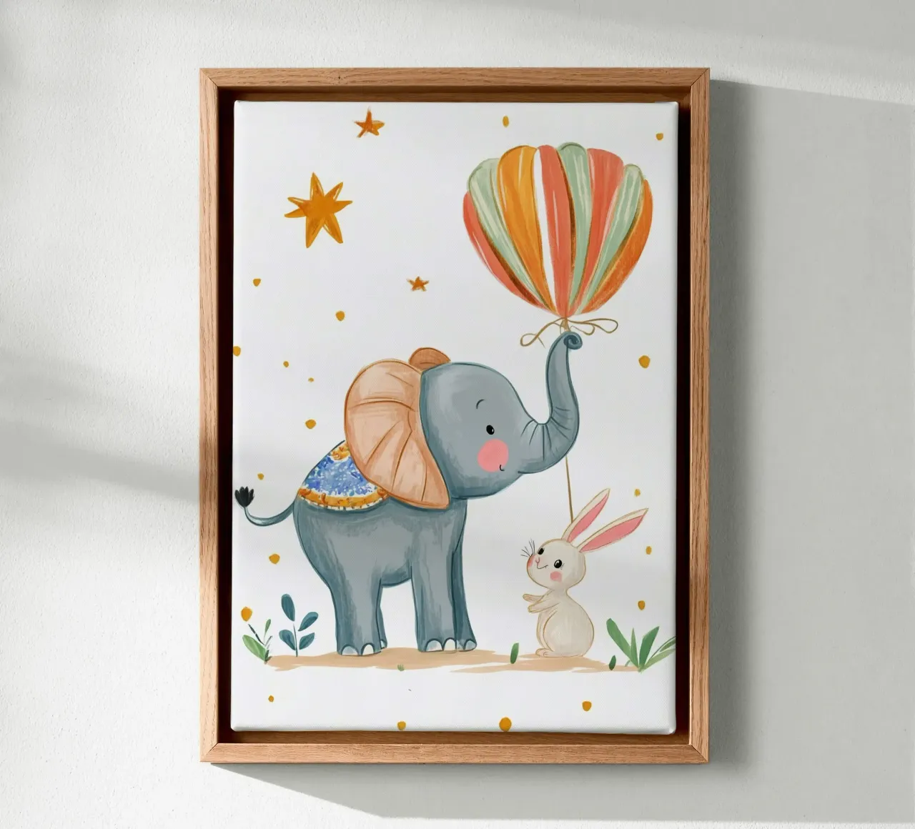 Elephant & Rabbit with Hot Air Balloon - Nursery Art canvas with Floater frame by vintagepod