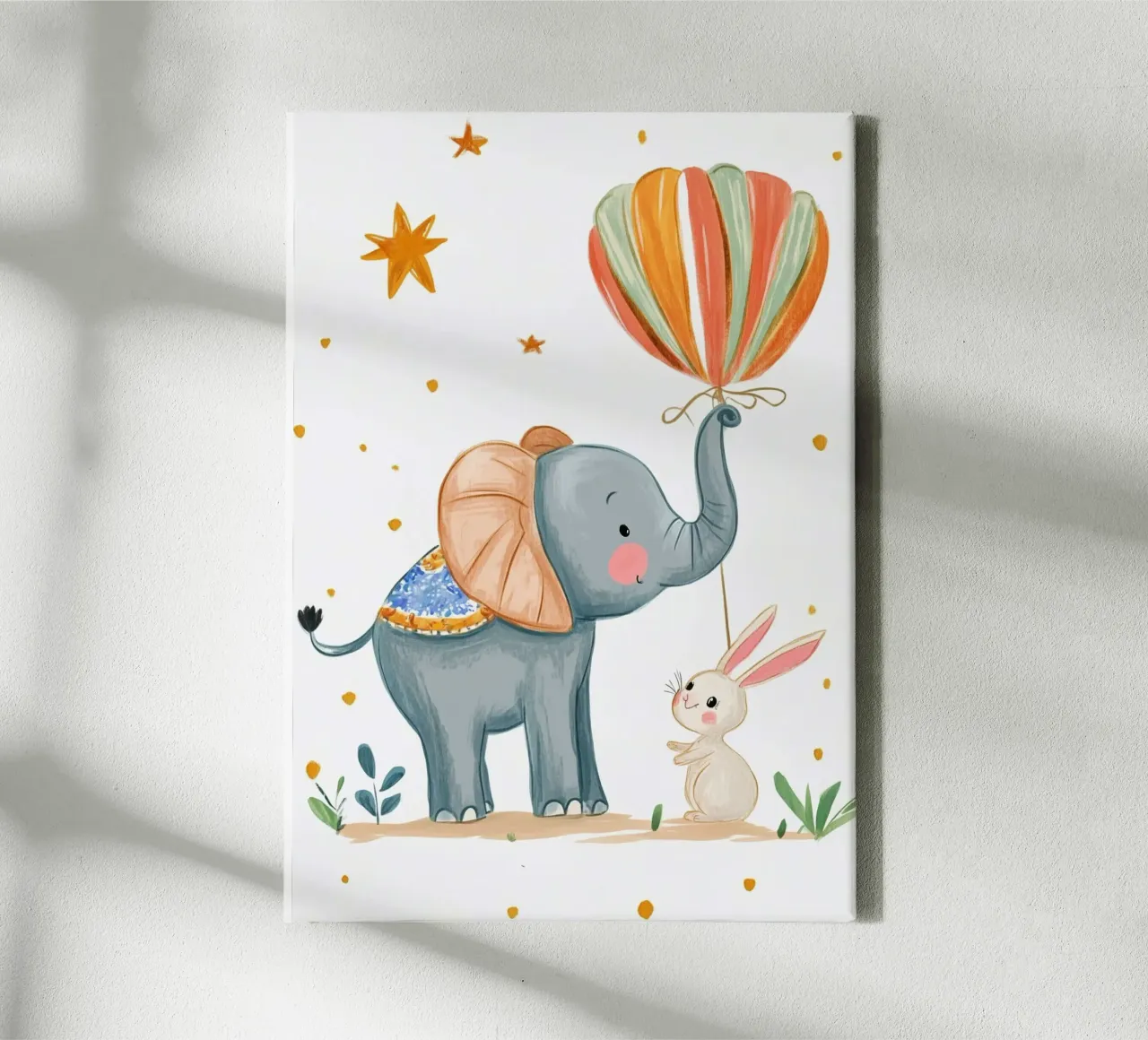 Elephant & Rabbit with Hot Air Balloon - Nursery Art canvas with Floater frame by vintagepod