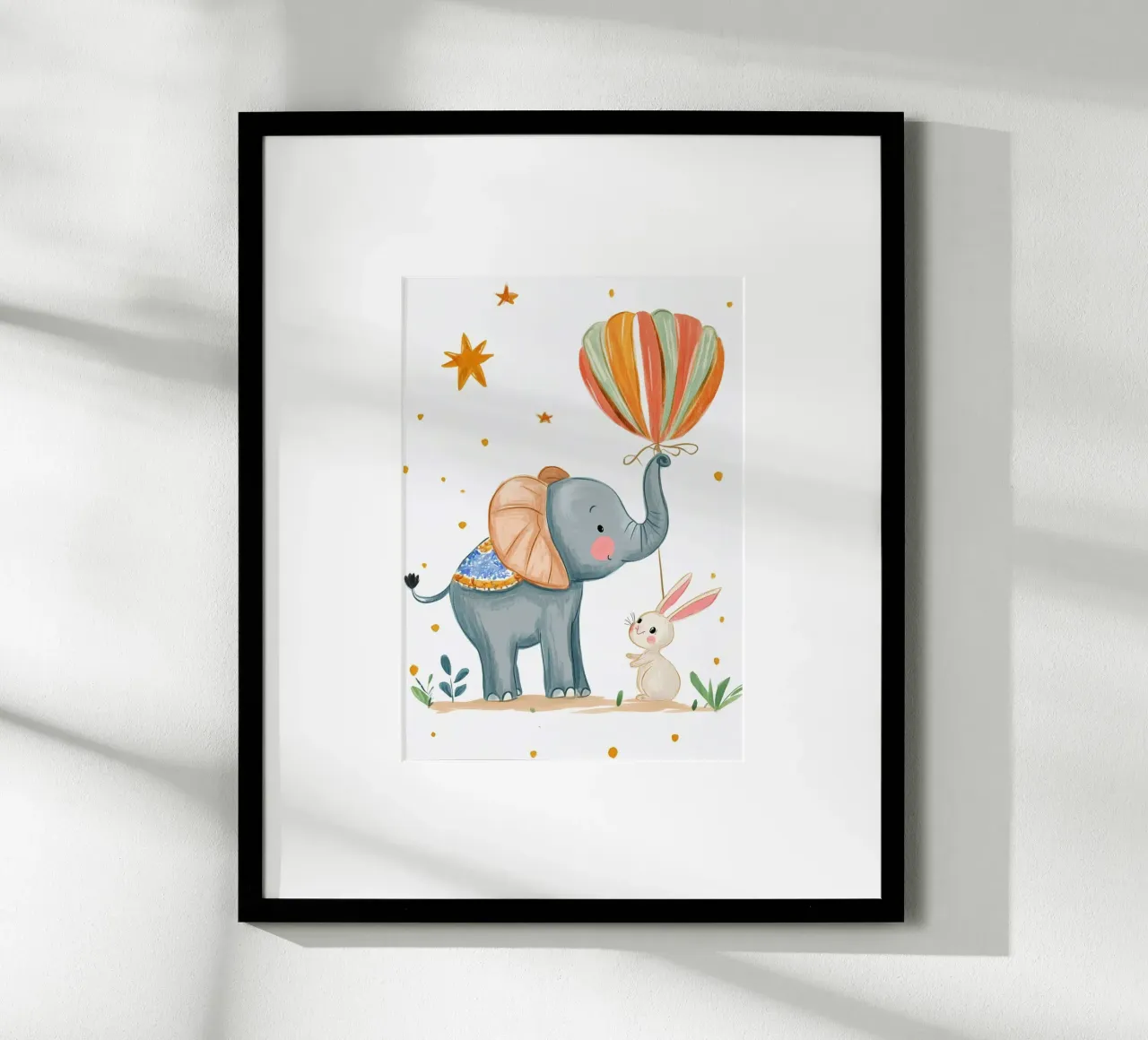 Elefante e coniglio con mongolfiera - Arte per la cameretta poster con telaio in plastica da vintagepod