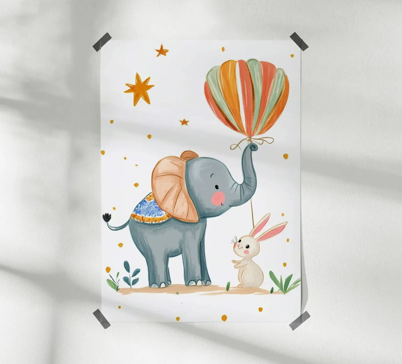 Elefante e coniglio con mongolfiera - Arte per la cameretta poster con telaio in plastica da vintagepod