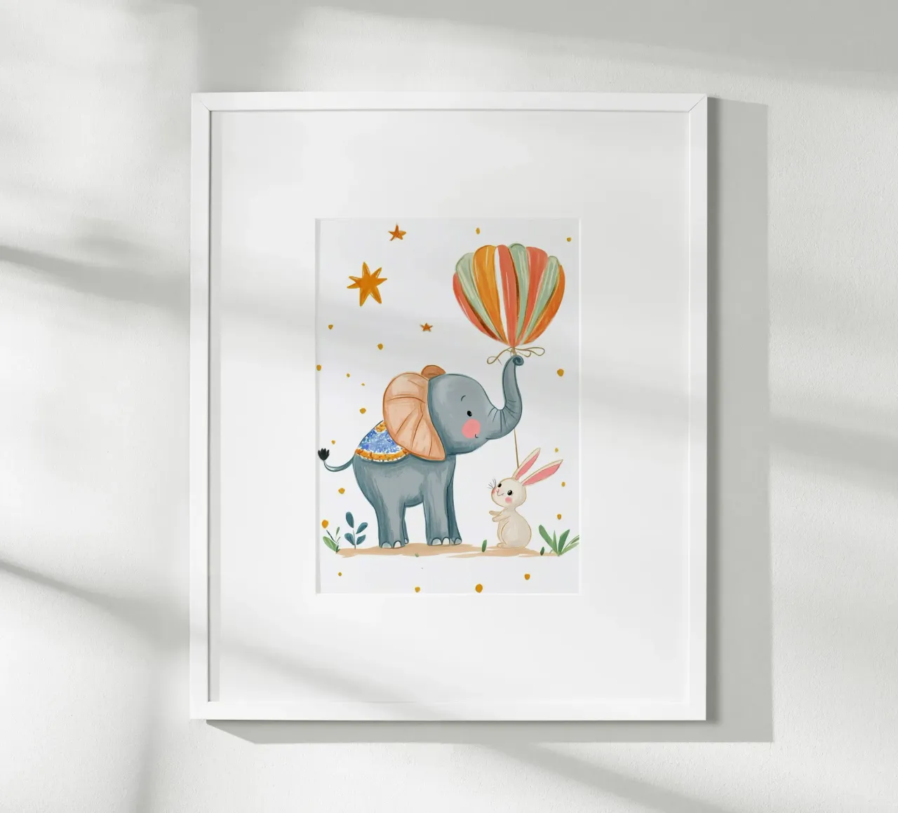 Elefante e coniglio con mongolfiera - Arte per la cameretta poster con telaio in plastica da vintagepod