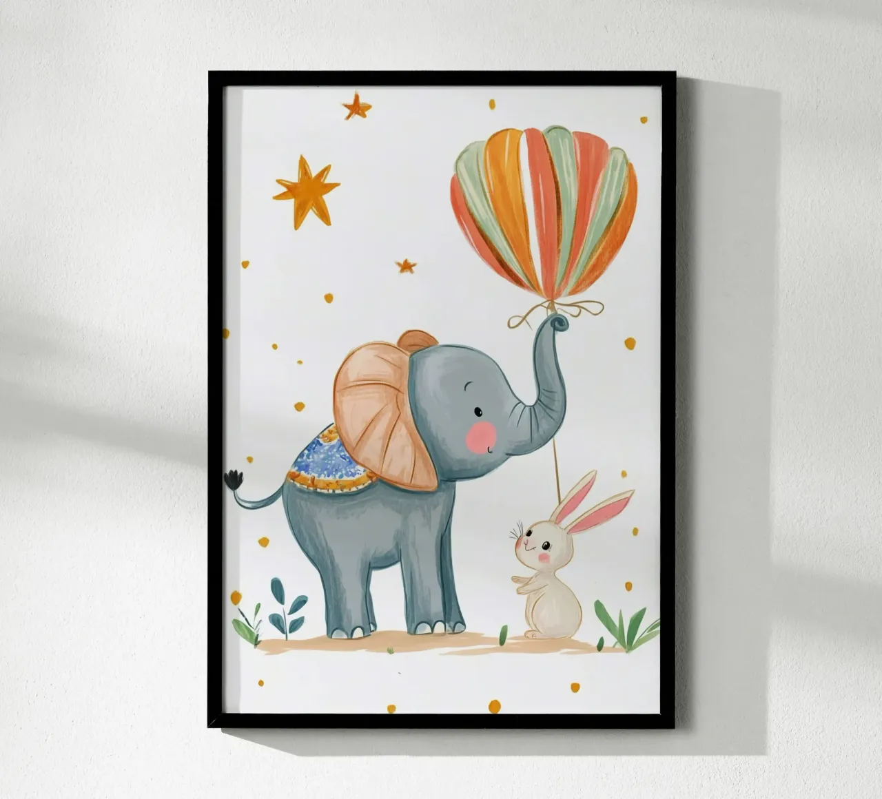 Elefante e coniglio con mongolfiera - Arte per la cameretta poster con telaio in plastica da vintagepod