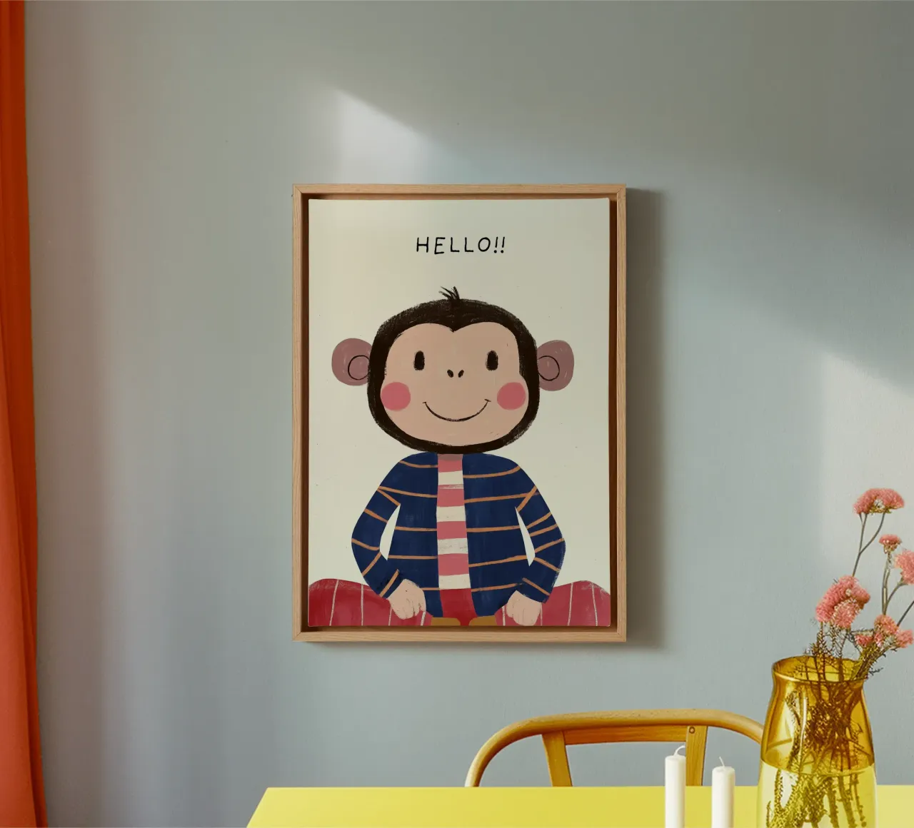 Singe mignon "Hello ! Art Print - Décoration de chambre d'enfant toile avec Caisse américaine de vintagepod