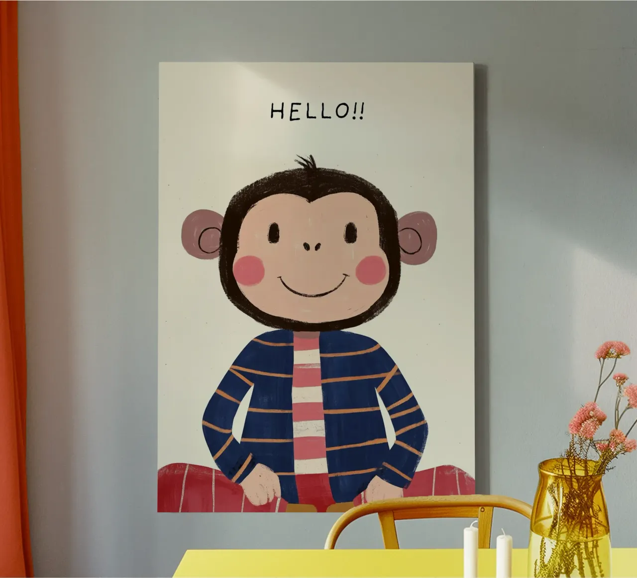 Singe mignon "Hello ! Art Print - Décoration de chambre d'enfant toile avec Caisse américaine de vintagepod