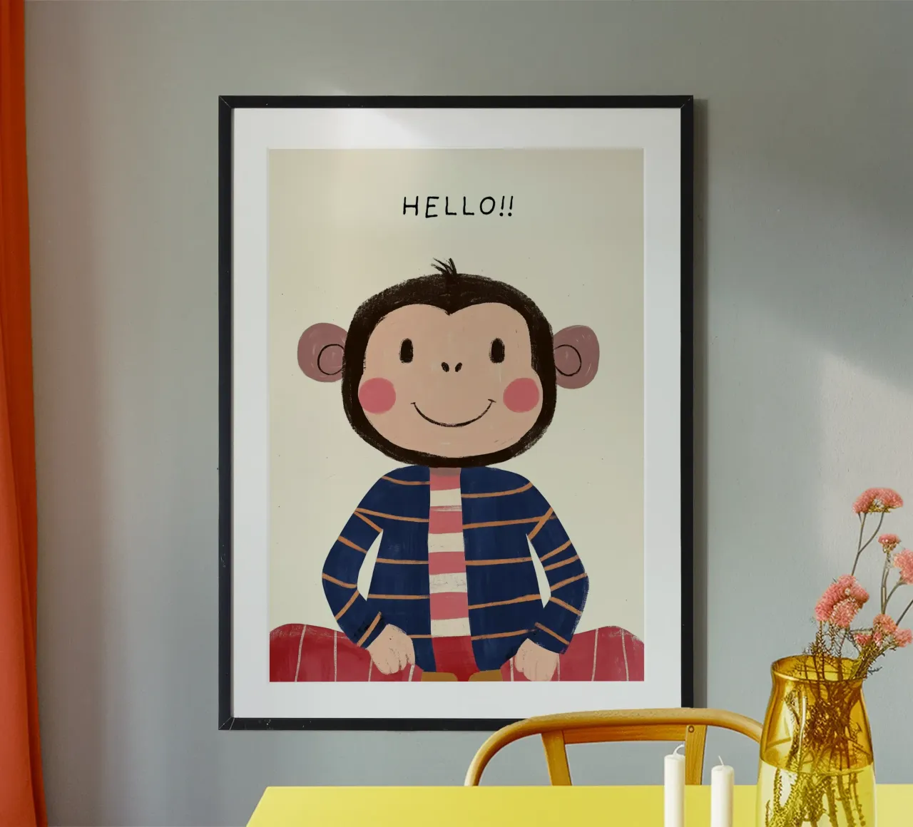 Scimmia carina "Ciao! Stampa d'arte - Decorazione per la camera dei bambini poster con telaio in alluminio da vintagepod