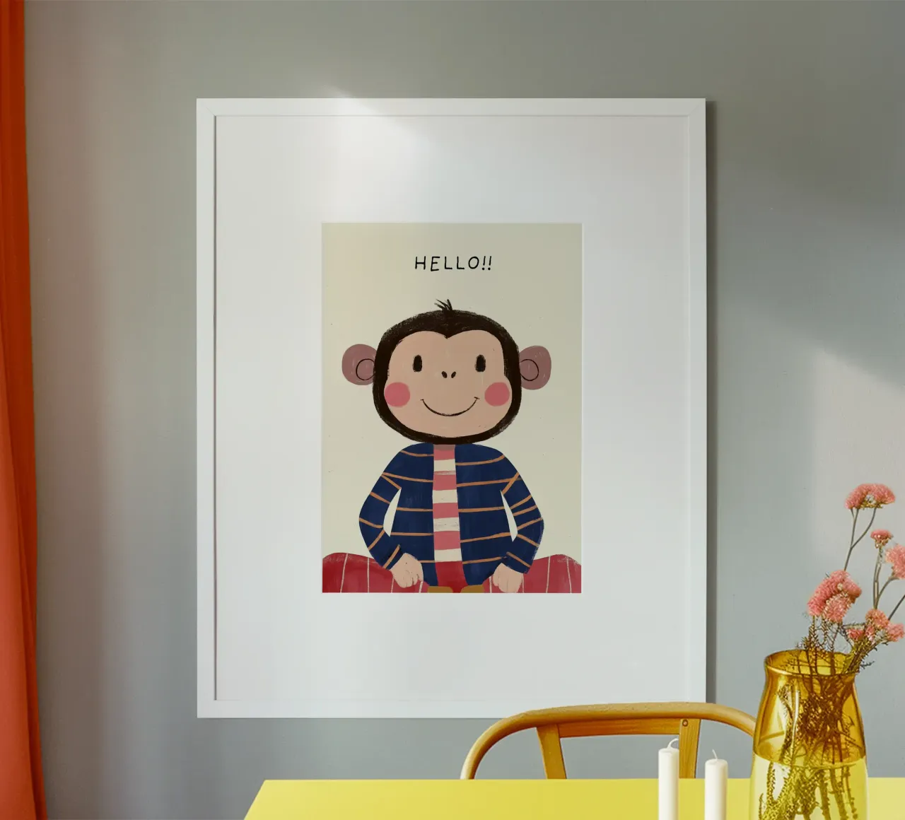 Scimmia carina "Ciao! Stampa d'arte - Decorazione per la camera dei bambini poster con telaio in alluminio da vintagepod