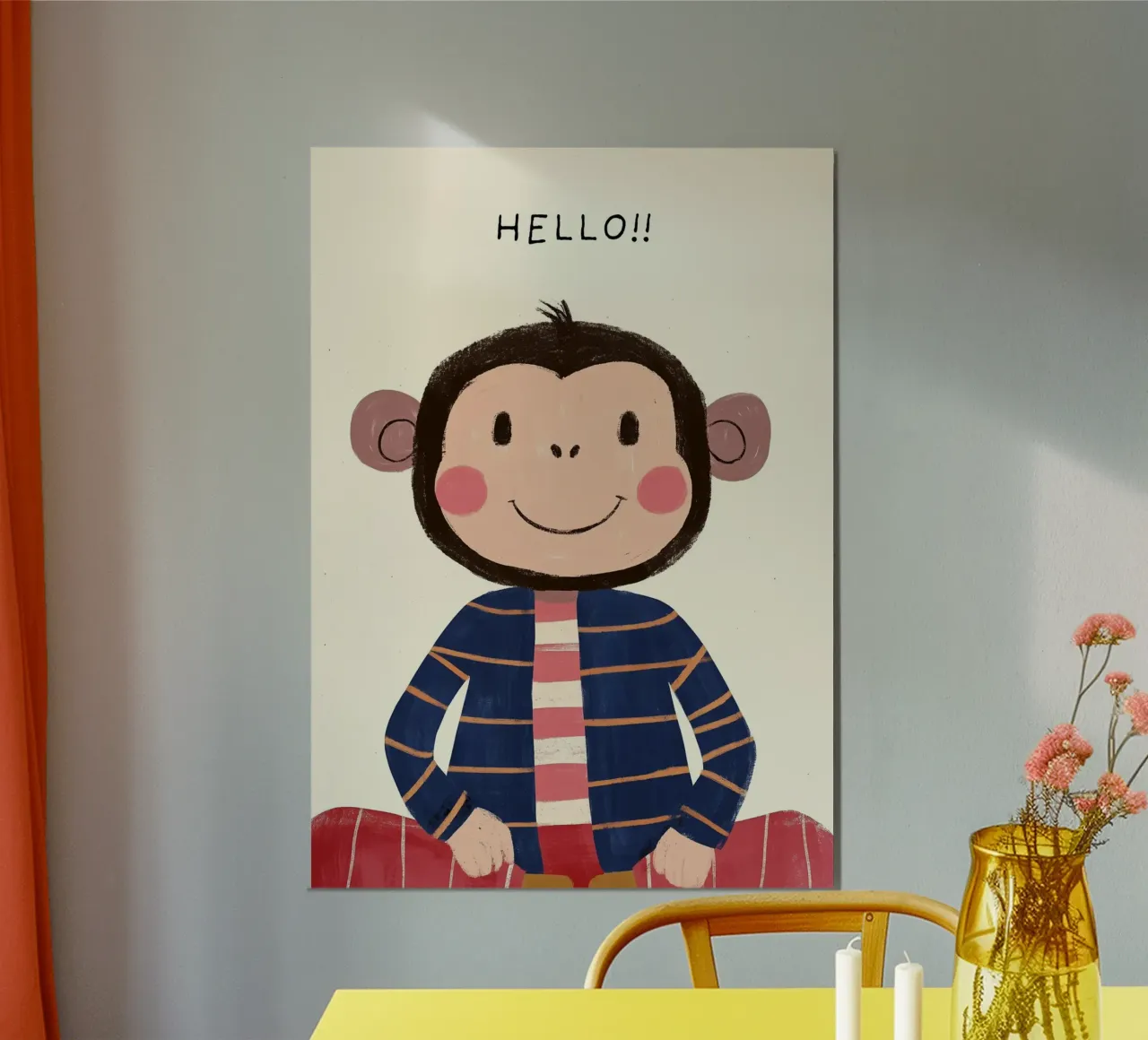 Scimmia carina "Ciao! Stampa d'arte - Decorazione per la camera dei bambini poster con telaio in alluminio da vintagepod