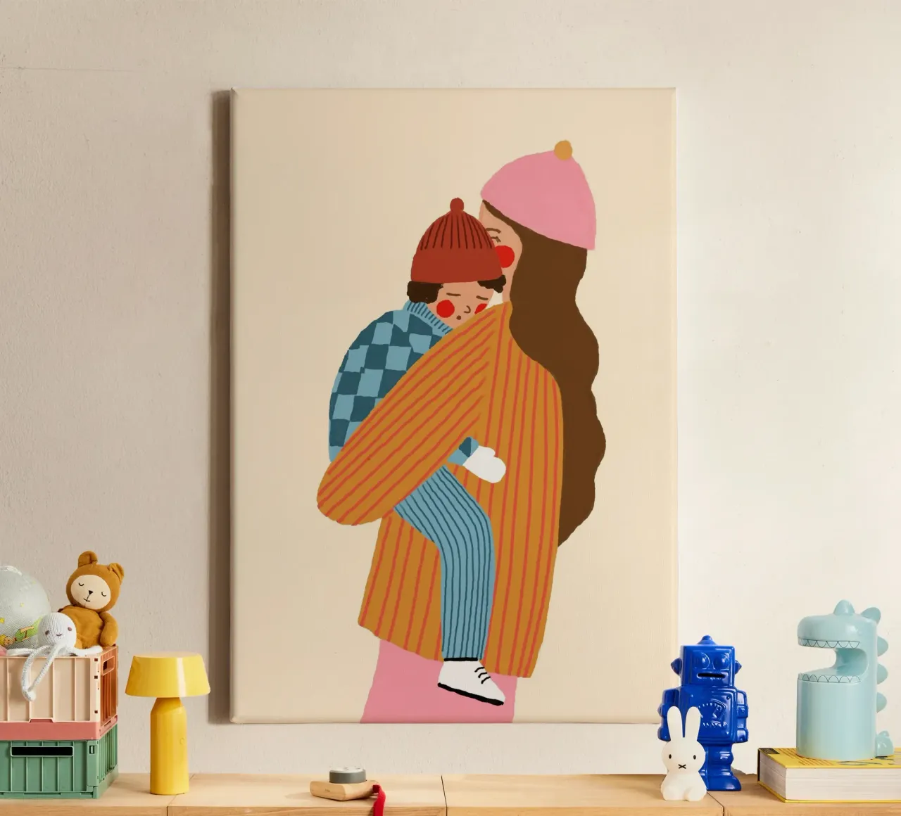Moeder en kind Kunstdruk - Gezellige Winter Illustratie canvas met Baklijst van vintagepod