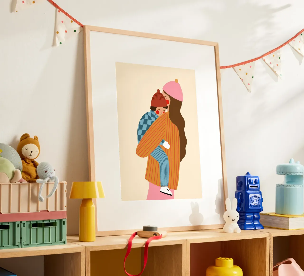 Moeder en kind Kunstdruk - Gezellige Winter Illustratie poster van vintagepod