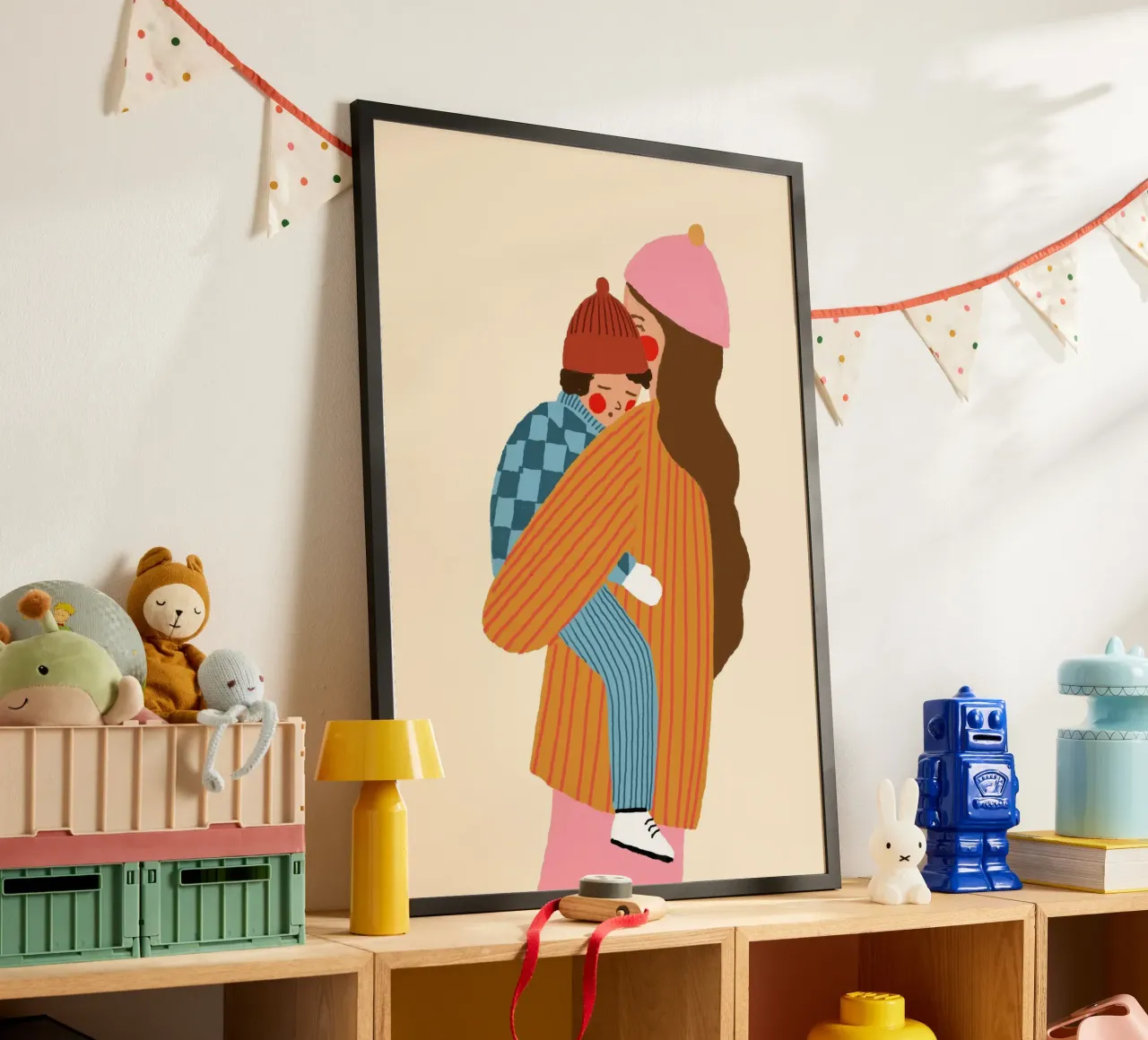 Moeder en kind Kunstdruk - Gezellige Winter Illustratie poster van vintagepod