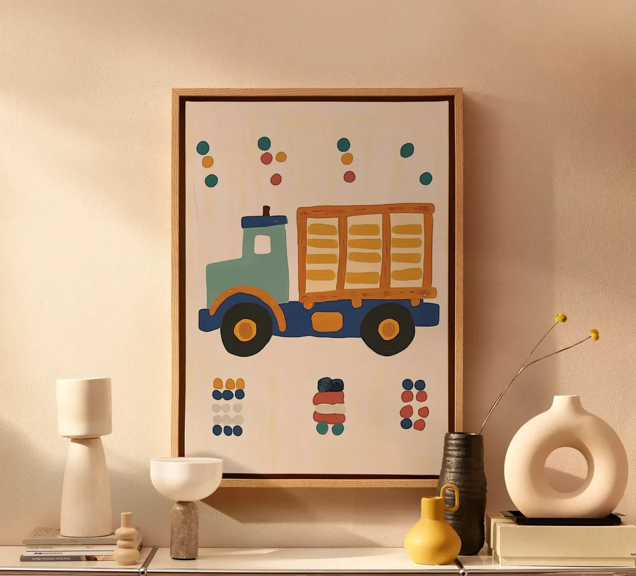Camion giocattolo carino a pois - Decorazione per la camera dei bambini tela con Cornice a cassetta da vintagepod