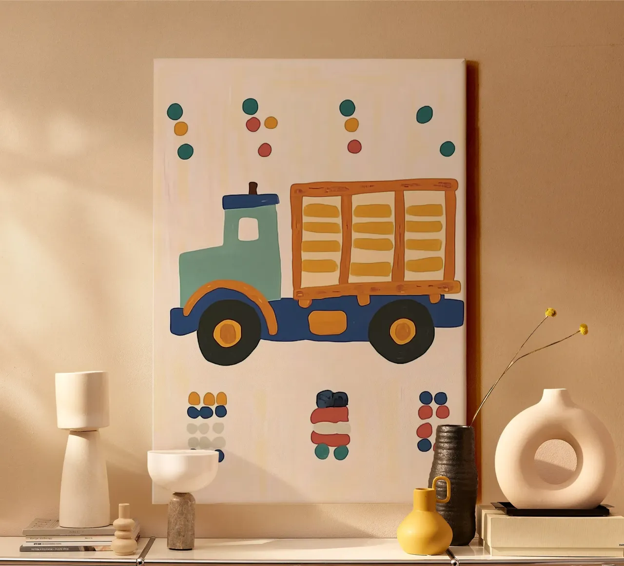 Camion giocattolo carino a pois - Decorazione per la camera dei bambini tela con Cornice a cassetta da vintagepod