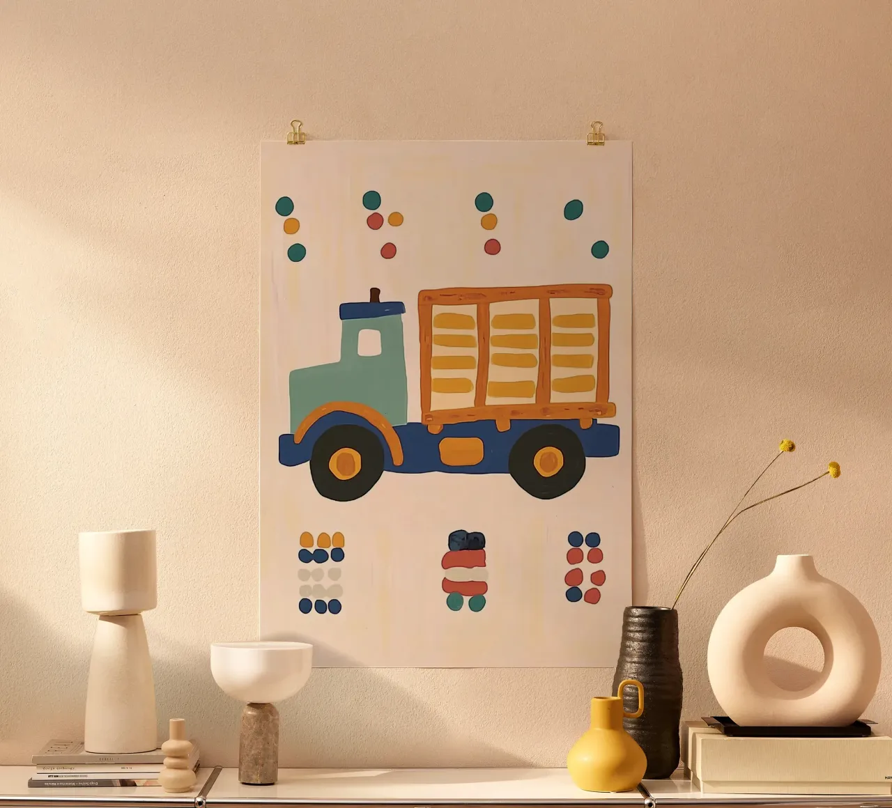 Camion giocattolo carino a pois - Decorazione per la camera dei bambini poster da vintagepod