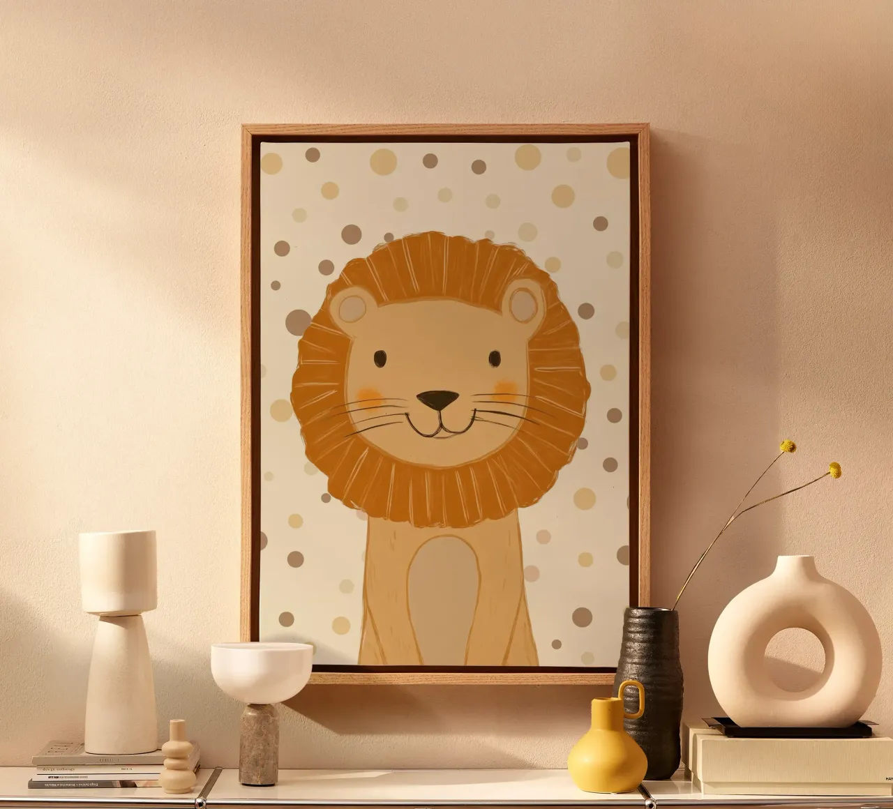 Schattig leeuwenkopje met stippen - Safari kinderkamer canvas met Baklijst van vintagepod