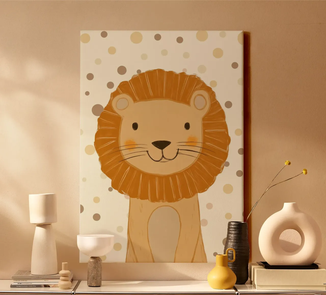 Schattig leeuwenkopje met stippen - Safari kinderkamer canvas met Baklijst van vintagepod