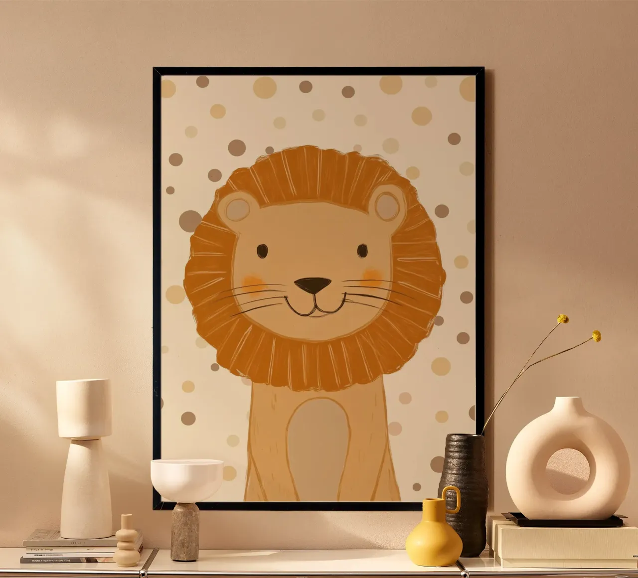 Simpatica testa di leone a pois - Vivaio Safari poster con telaio in plastica da vintagepod