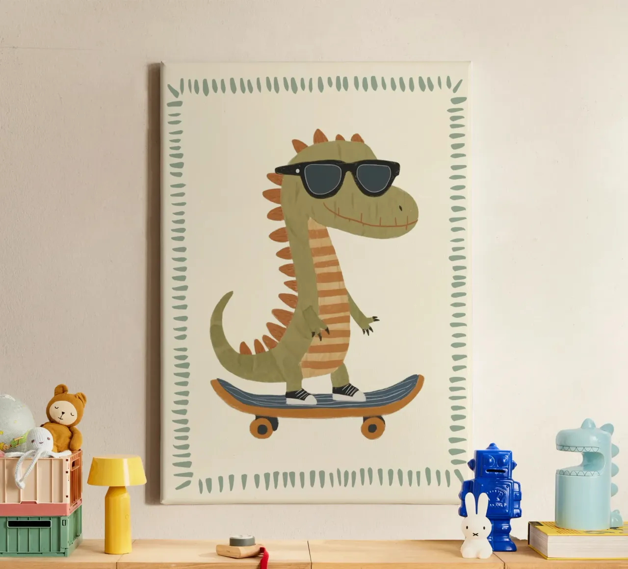 Coole Dinosaurus Skateboarder Print - Kinderkamer Decoratie canvas met Baklijst van vintagepod