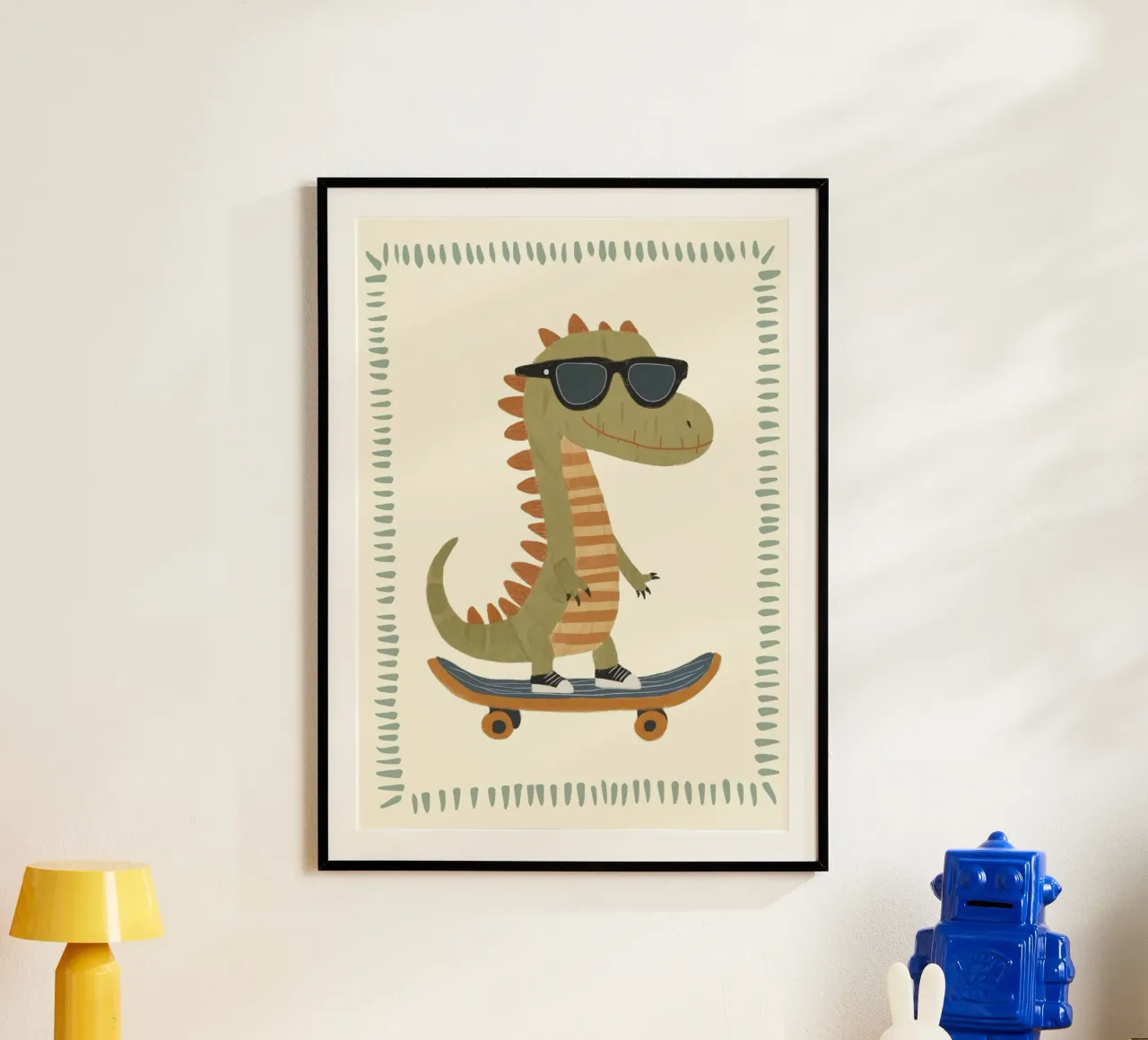 Stampa Dinosauro Skateboarder - Decorazione per la stanza dei bambini poster con telaio in alluminio da vintagepod