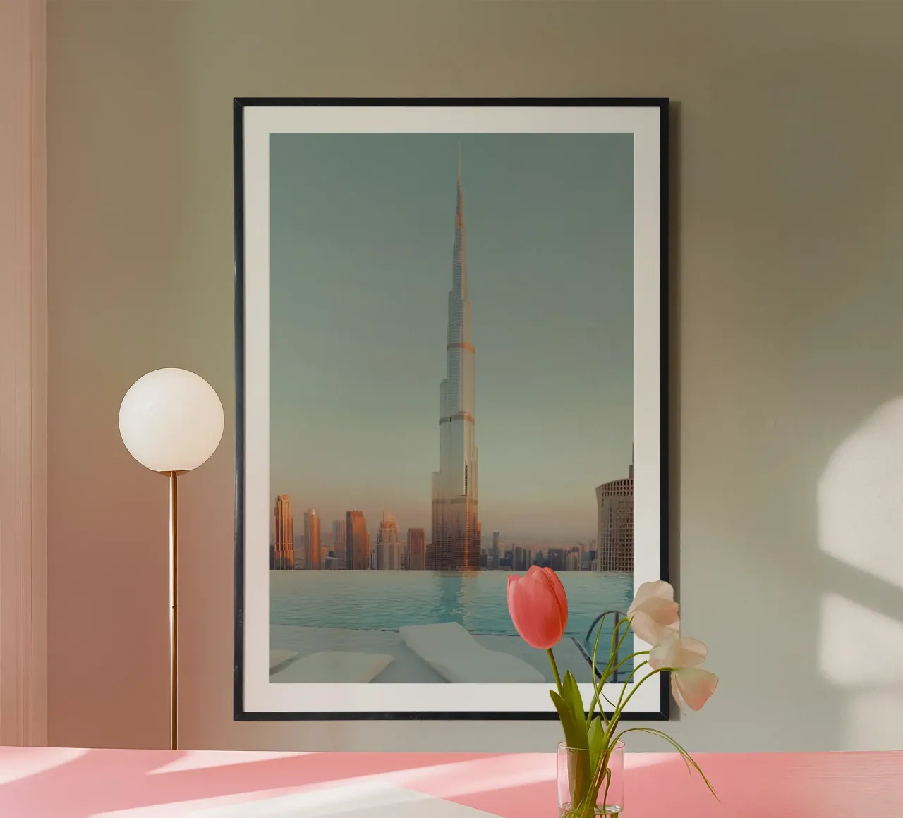 Burj Khalifa And Infinity Pool Poster mit Kunststoffrahmen von robertmotoiart