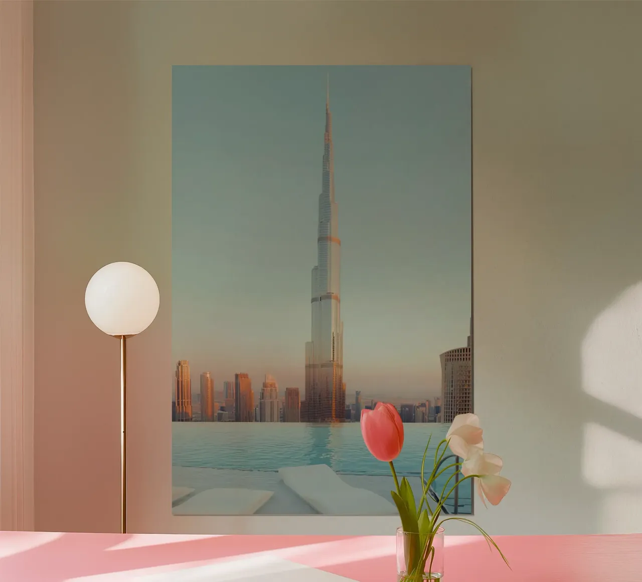 Burj Khalifa And Infinity Pool Poster mit Kunststoffrahmen von robertmotoiart