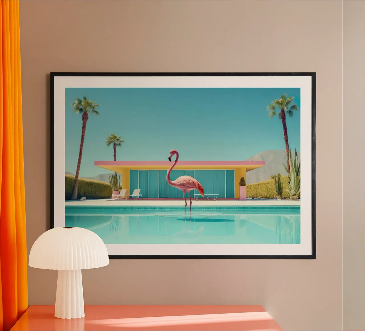 Flamingo By The Pool poster con marco de plástico de robertmotoiart