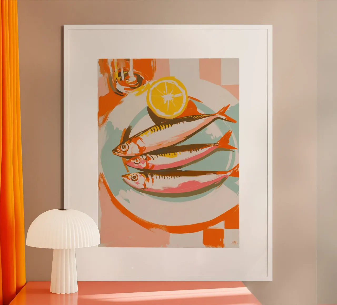 Sardine in colori pastello alla moda | Poesia in cucina poster con telaio in legno da Autofocus